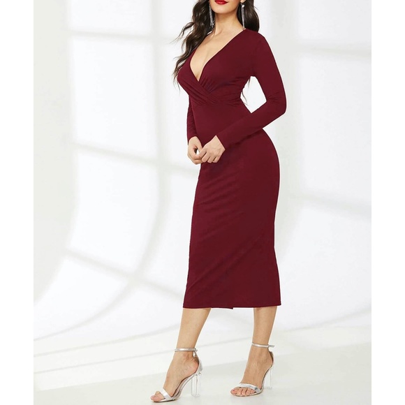 Maroon V Neck Long Sleeve Midi Dress - Picture 3 of 5